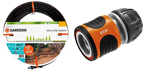 GARDENA Start-Set Tropfrohr für Pflanzenreihen unterirdisch 13.7 mm: Wassersparender Tropfschlauch & Wasserstop 13 mm (1/2) und 15 mm (5/8): Steckverbinder mit Aquastop, Powergrip