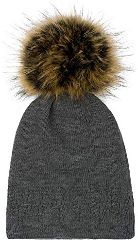 styleBREAKER Unisex warme einfarbige Strick Bommelmütze mit Zacken Muster, Abnehmbarer Kunstfellbommel, Winter Mütze 04024181, Farbe:Dunkelgrau