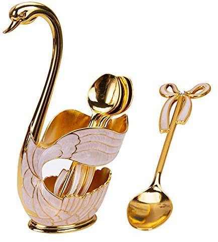 Metal Coffee Dessert Spoon Set, Dinnerware Set Fruit Dessert Fork Cake Coffee Spoon Metal Fruit Fork Set with Base Holder (Swan Gold - S)