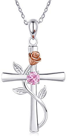 BlingGem Collier pour Femme Croix Argent 925/1000 Collier de Pierre de Naissance Octobre Pendentif Zircone Cubique 5A Bijoux Anniversaire Cadeau pour Femme Maman Epouse Fille