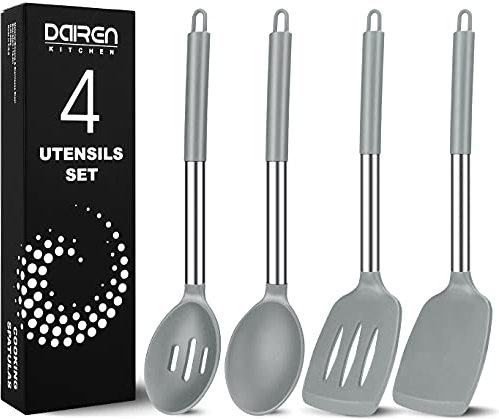 Silicone Spatulas and Spoons, 4 Pack Heat Resistant Silicone Cooking Utensils Set, Non Stick Large Kitchen Silicone Spatula and Spoons for Mixing, Serving, Draining, Grey