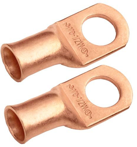 SELTERM 2pcs 1/0 AWG Copper Ring Terminal Connectors/Lugs, Battery Cable Ends, UL Listed, 0 Gauge, Heavy Duty, Non-Insulated, 0.5in Stud, RoHS Compliant