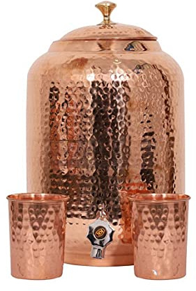 Indian Handmade Hammered Pure Copper Water Dispenser Pot 4 Liter Ayurveda Healing Heavy Water Storage Tank with 2 Glass