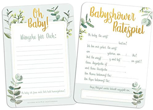 CreativeRobin Babyparty Spiel mit Baby Quiz & Wünschen | 25 Karten | Babyshower Geschenk