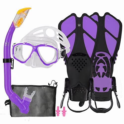 HH HHAO SPORT Schnorchelset Kinder mit Flossen, 180° Panorama Weitblick Taucherbrille Kinder, Verstellbaren Schwimmflossen, Hochwertige Tauchermaske und Dry Top Schnorchel, mit Tragetasche