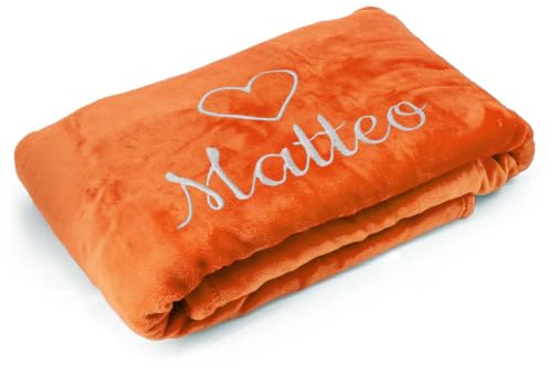 Kuscheldecke 'Herz' mit Name oder Wunschtext bestickt, Geschenk zu Valentinstag, Geburtstag, Hochzeitstag, 200cm x 150cm extra weiche und gemütliche Sofadecke/Wohndecke, hochwertiges Fleece (Orange)