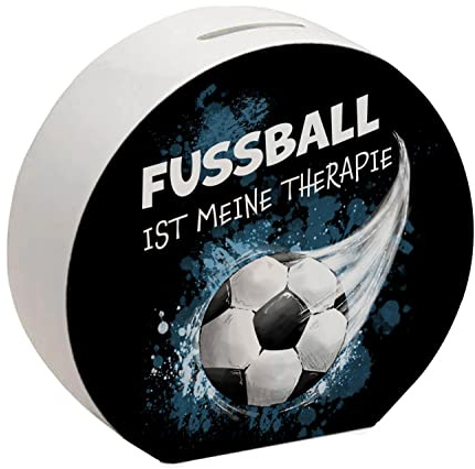 Fußball ist Meine Therapie Spardose mit Fußball-Motiv in blau für Fußballfans um auf einen Stadionbesuch zu sparen oder für Kinder als Dekoration für Zuhause