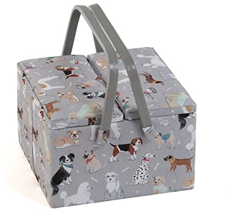 Hobby Gift Exclusive Große Aufbewahrungsbox für Näharbeiten mit zwei Deckeln, 25 x 25 x 17 cm, Graue Hunde