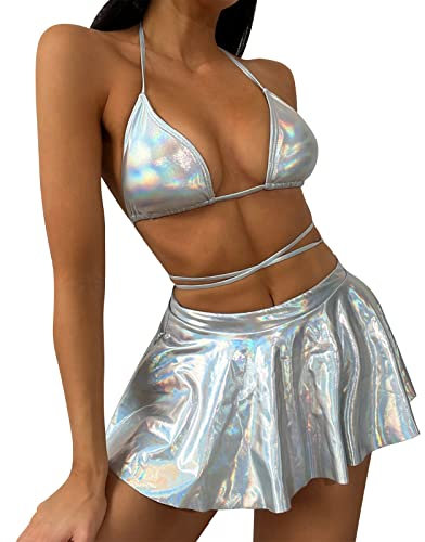 FYMNSI Rave Outfits für Damen Holografischer Neckholder Bikini BH Top Hologramm Metallic Plissee Minirock Set für Disco Tanz Clubwear Festival Halloween Motto Party Alien Kostüm Silber Mini Rock Set M
