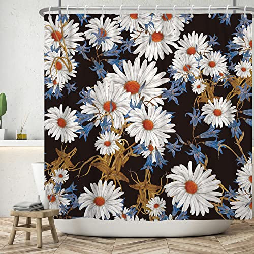 Bovlleetd Vintage Floral Duschvorhang 183x198cm Aquarell Boho Gänseblümchen Duschvorhänge Retro Botanische Blume Badezimmerdekoration Wasserdichter Wannenvorhang mit Haken Waschbarer Badevorhang