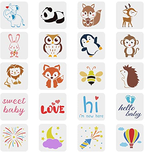 FINGERINSPIRE 20 Stile Baby Dusche Schablonen 15x15cm Elefant Hirsch Kaninchen AFFE Löwe Craft Stencils Feuerwerk Mond Schablone Wort für Malerei auf Scrapbook Stoff Fliesen Möbel Holz Wand
