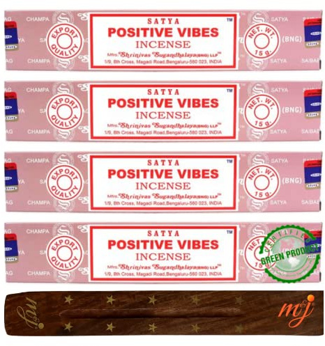 Original Satya Nag Champa Positve Vibes Incense Sticks | with M&J incense sticks holder | x4 pack | for Aromatherapy, Spa, Yoga, Weddings, Meditation, Healing, Positivity and Relaxation