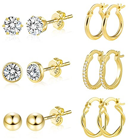 Gold Ohrringe Set, Multi Kleine Gold Creolen AAA+ Diamant Zirkonia Ohrstecker Ohrringe Set, 6 Paar 14K Echt Vergoldete Hypoallergen 925 Knorpel Huggie Creolen Ohrringe Mini Kugel Ohrstecker Gold