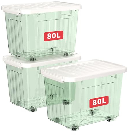 Cetomo 80L*3 Plastic Storage Boxes with Wheels, Lidded Storage Box with Secure Side Latches, PP Nestable and Stackable Clear Organizer for Home, Office, Moving, Transparent Green, 80L-3 Pack