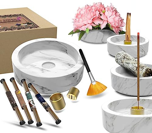 Porte Encens Bruleur Encens - 6-in-1 Multifonctionnel Marbre Support Spirale Anti Moustique pour Palo Santo Sauge Blanche Encens Cone Porte Encens Cascade avec Encens Baton comme Cadeaux (Blanc Gris)
