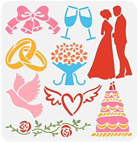 FINGERINSPIRE Hochzeitsschablone 30x30 cm Wiederverwendbar Braut Und Bräutigam Ring Rose Glöckchen Champagner Tauben Kuchen Blumen Liebe Herzen Zeichnungsschablone Hochzeitsthema Schablone Zum Malen