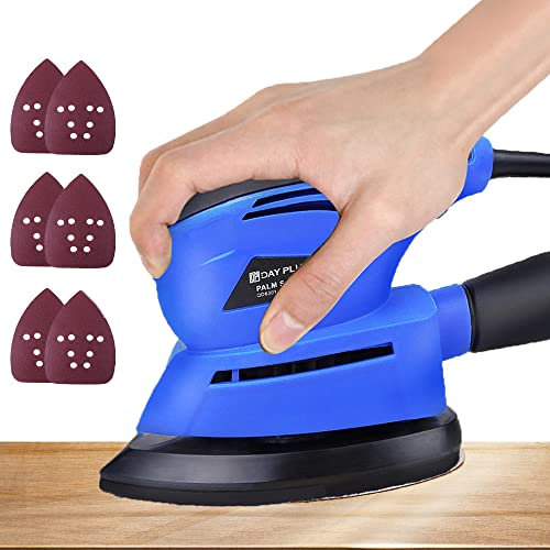 130W Palm Detail Sander with Dust Extraction Port and 6X Sanding Paper - Compact Ergonomic Design for Hand - Multi Use Mouse Sander for Wood