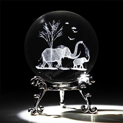 vskikris 5,8 cm große Elefanten-Kristallkugel mit Ständer, 3D-Lasergravur, Mutter-Sohn, Elefanten-Figur, 3D-Quarzglaskugel, dekorative Kugel, Tischdekoration, Bastelarbeiten, Briefbeschwerer