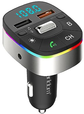 POFET Bluetooth 5.0 Car FM Transmitter, QC3.0 Charger, AUX Radio Music Adapter, Stronger Wireless Dual Mics & Bass Sound Cigarette Lighter with 7 Color Lights Supports Hands-Free Calling