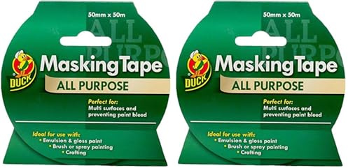 Duck Tape All Purpose Masking Tape 50mm x 50m, indoor painting and decorating for multi surfaces prevent paint bleed (Pack of 2)