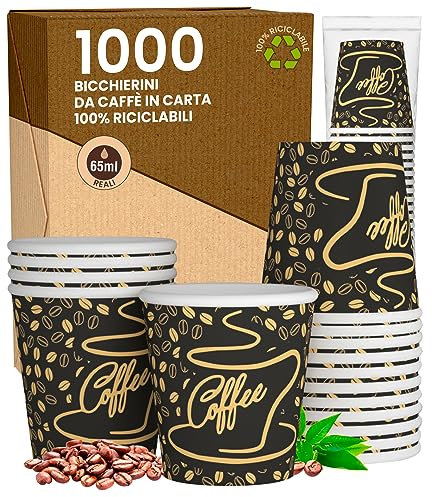 Eurocali 1000 Bicchierini in Carta da caffè 65ml CoffeeGoldCUP - Bicchieri Ecologici Biodegradabili Monouso Piccoli Asporto Bevande Calde