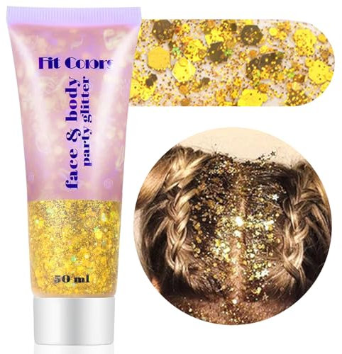 BoloShine Gel Paillettes Visage Festival, Paillette Corps Cheveux, Liquide Sequins Glitter pour Cosmétique Lèvres Ongles Fête Accessoire Festival Femme Maquillage 50ML (Doré)