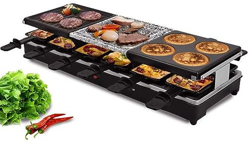Syntrox Raclette-Grill Oberwil mit geteilten Platten, Tischgrill, Partyraclette für 12 Personen 1350Watt, Raclette Zubehör, Multifunktional und Kompakt, 6 Kg, Party Zubehör