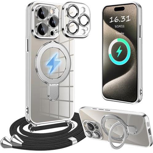 XCYYOO Magnetisch HandyHülle für iPhone 15 Pro Hülle mit Band,[Kompatibel mit Magsafe] Transparente Silikon Stoßfest Handykette Schutzhülle Ring Ständer Kameraschutz Case mit Kette für iPhone 15 Pro