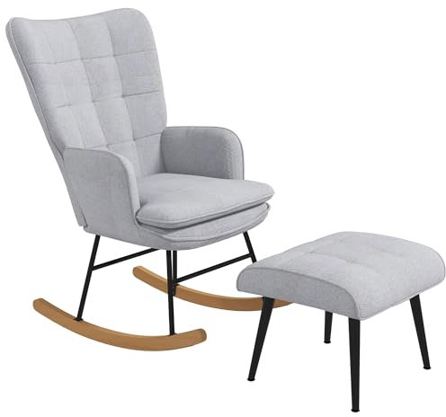 HOMCOM Schaukelstuhl Schwingsessel mit Hocker, Armlehnsessel, Stillsessel mit Leinenoptik, Schaukelsessel bis 130 kg Belastbarkeit für Schlafzimmer, Wohnzimmer, Hellgrau