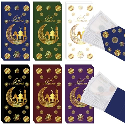 Tenare 24 Stück Eid Mubarak Geldumschläge Eid Geldgeschenk Papierumschläge Ramadan Geldgeschenk Umschläge Eid Mubarak Umschläge für Feiertage Dekoration für Geld Bargeld, 6 Farben