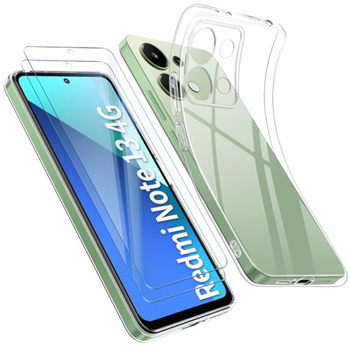 Qasyfanc Funda Compatible con Xiaomi Redmi Note 13 4G Carcasa con Protección de La Cámara y 2 Piezas Cristal Templado, Funda Redmi Note 13 4G Silicona Suave Caso Delgada, Transparent
