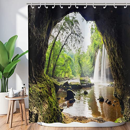 Duschvorhang Wald 120x200, Hnmdmyi Tropischer Dschungel Regenwald Grüner Baum Pflanze Natur Berg Höhle Landschaft Wasserfall Szenerie Badewanne Vorhang Wasserdicht Polyester Stoff Waschbar Badevorhang