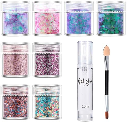 8 Farben Body Glitter Set, Wasser Entfernbar Mehrzweck Festival Zubehör, Glitzer Gesicht Haare Nagel Pailletten Für Party Bühne Fasching DIY Dekoration, Mit Kleber & Pinsel