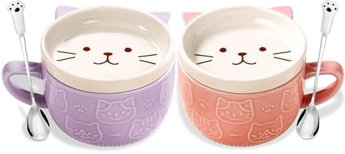BigNoseDeer Lot de 2 Tasses à Café en Forme de Chat Mignon Avec Couvercles Cadeaux D'anniversaire pour Femme Cadeau D'anniversaire pour une amie une femme une fille un enfant