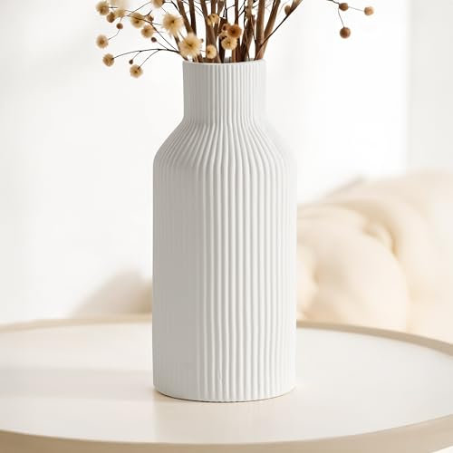 Winter Shore Vaso Bianco Ceramica - Vaso Fiori Interno Decorativo - Vaso Ceramica Bianco per Decorare Casa - Vaso per Pampas per Ufficio, Soggiorno - Soprammobile Moderno Elegante in Ceramica