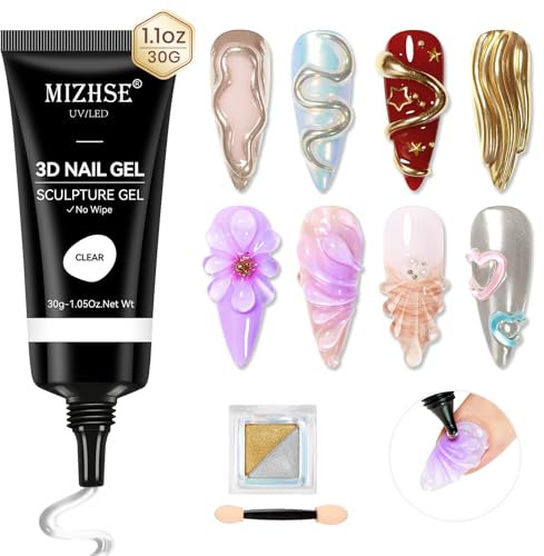 MIZHSE 3D Skulptur Nail Gel, Mit Chrome Nail Powder Silber Gold Mirror Effect, 30g Rhinestone Glue für 3D Gel Nail Art Nagel Carving Nails Glue Gels Nails 5D-Geprägtes Nageldesign Sculpting