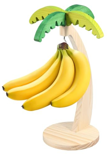 NIHUIFDPY Banana Holder with Wooden Stand, Wood Banana Hanger Hook to Keep Bananas Fresh, Creative Shape Fruit Rack for Home Kitchen Countertop