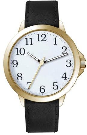 NUOVO Herrenuhr Schwarzes Lederband Goldgehäuse mit Weißem Zifferblatt Leicht zu lesenAnaloge Quarz Armbanduhr Arabische Zahl Klassische Wasserresista