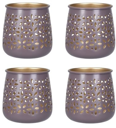 Ideen mit Herz Windlichter aus Eisen mit Blumen-Ornamentik | Teelicht-Halter | 9,5 cm hoch | Ø 8,6 cm | innen goldfarben | Beleuchtung Terrasse, Balkon, Garten | 4er Set (Mauve)
