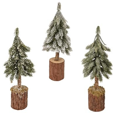 Kaemingk Albero di Natale artificiale, altezza 21 cm, con base in legno, 1 pezzo, assortito, salvaspazio e riutilizzabile, piccola decorazione natalizia e invernale, verde, bianco