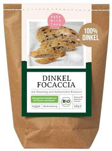 Bio Dinkel Focaccia Backmischung – mit 100 % Dinkelmehl, Dinkelsauerteig & italienischen Kräutern – fast ohne Hefe – Fladenbrot für den Ofen – Bake with Love – 1er Pack