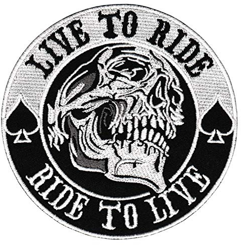 Totenkopf Live to Ride Aufnäher zum aufbügeln oder aufnähen Bügelbild Aufbügler für Kleidung gestickter Bügelpatch Applikation Pik Ride to Live Biker Schädel Patch Größe 9,7 x 9,7 cm