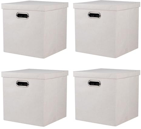 ArcaGuru Storage Bins with Lids, Collapsible Linen Fabric Boxes Organizer Containers with Lid Foldable Storage Box Basket for Closet, Shelves, Home, Office, 28 x 28 x 28 CM, 4 Pack, Beige