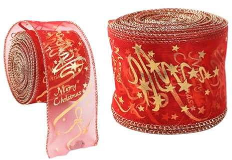 Ruban de sapin de Noël avec fil de fer - Ruban de velours rouge de 5,8 cm avec fil de fer - Ruban à paillettes dorées - Ruban de velours de Noël - 2,2 yard - Pour décoration d'arbre de Noël