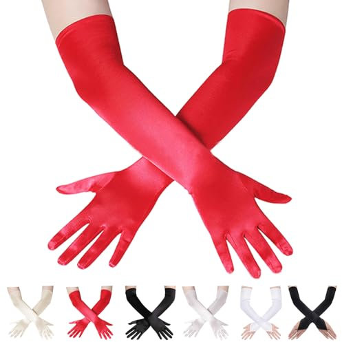 AUNGKWANG Lange Handschuhe Damen, Rot, 1920er Jahre, Fäustlinge, für Damen Mädchen Braut Hochzeit Abend Party Kostüm Zubehör