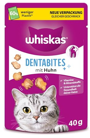 WHISKAS Becher Dentabites Katzensnacks mit Huhn 6 x 40g – Zahnpflege-Snacks für Katzen mit Huhn