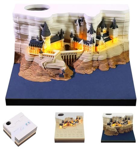3d Kalender,3D-Notizblock,3D Kalender Abreißen 2025,Papierskulptur Desktop Ornament,2025 Tischkalender-Notizblock mit Licht,3D-Magisches Schloss Wochenkalender Notizblock,Desktop-Kalender