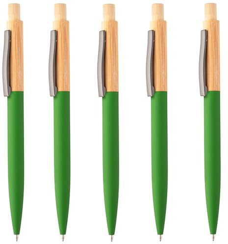 noTrash2003 5er Set Kugelschreiber aus Bambus und recyceltem Aluminium mit gummierter Oberfläche und Gunmetal-Clip, ökologischer Materialmix und modernes Design im Sparset -Blauschreibend. (Grün)