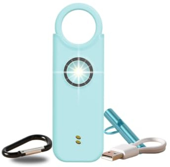 Alarme Personnelle Femme 135 DB Ultra Puissante, Kit Auto Défense avec Sifflet Urgence + Détecteur Porte/Fenêtre, Rechargeable USB-C, Lampe LED, Azur