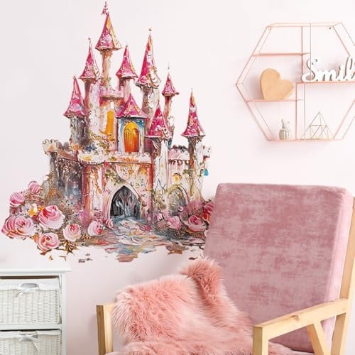 Runtoo Wandaufkleber Prinzessinnenschloss, zum Abziehen und Aufkleben, rosa Märchen-Wandaufkleber für Mädchen, Schlafzimmer, Kinderzimmer, Wanddekoration